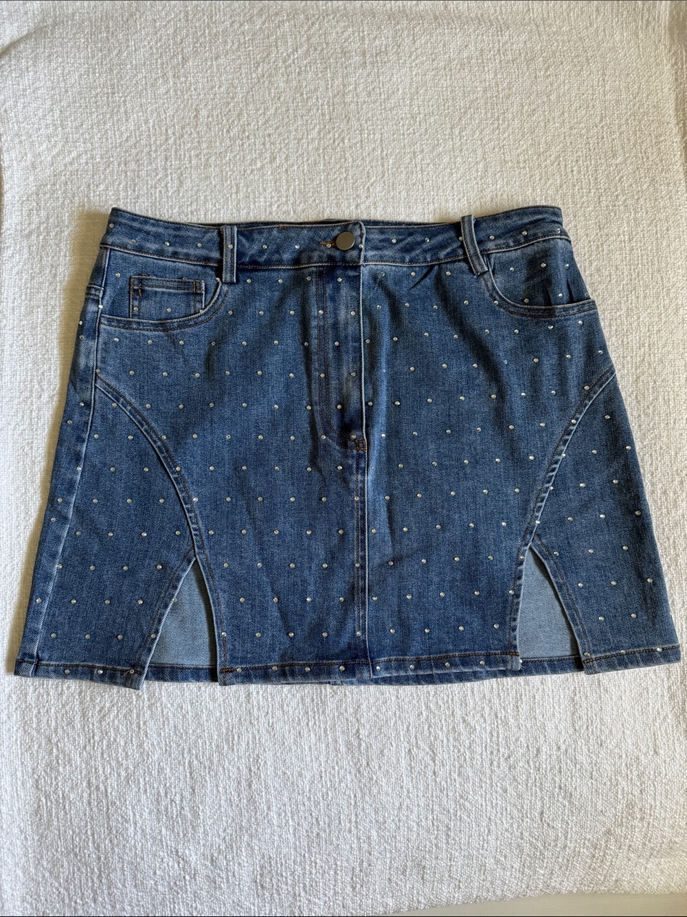 Denim Mini Skirt with Rhinestone Stud Detail